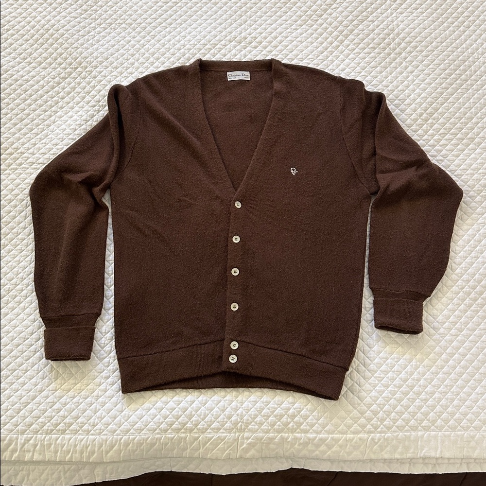 Vintage Christian Dior Knit Cardigan Grandpa Men Orlon Acrylic Brown Size large